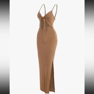 Beige Ribbed Knot Cutout Side Split Maxi Dress